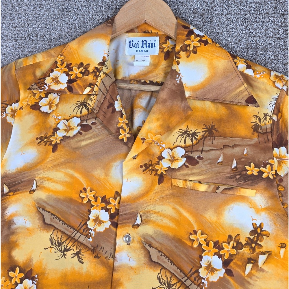 Vintage Kai Nani Hawaii Shirt Mens Medium Floral‎ Palm Tree Aloha Button Down